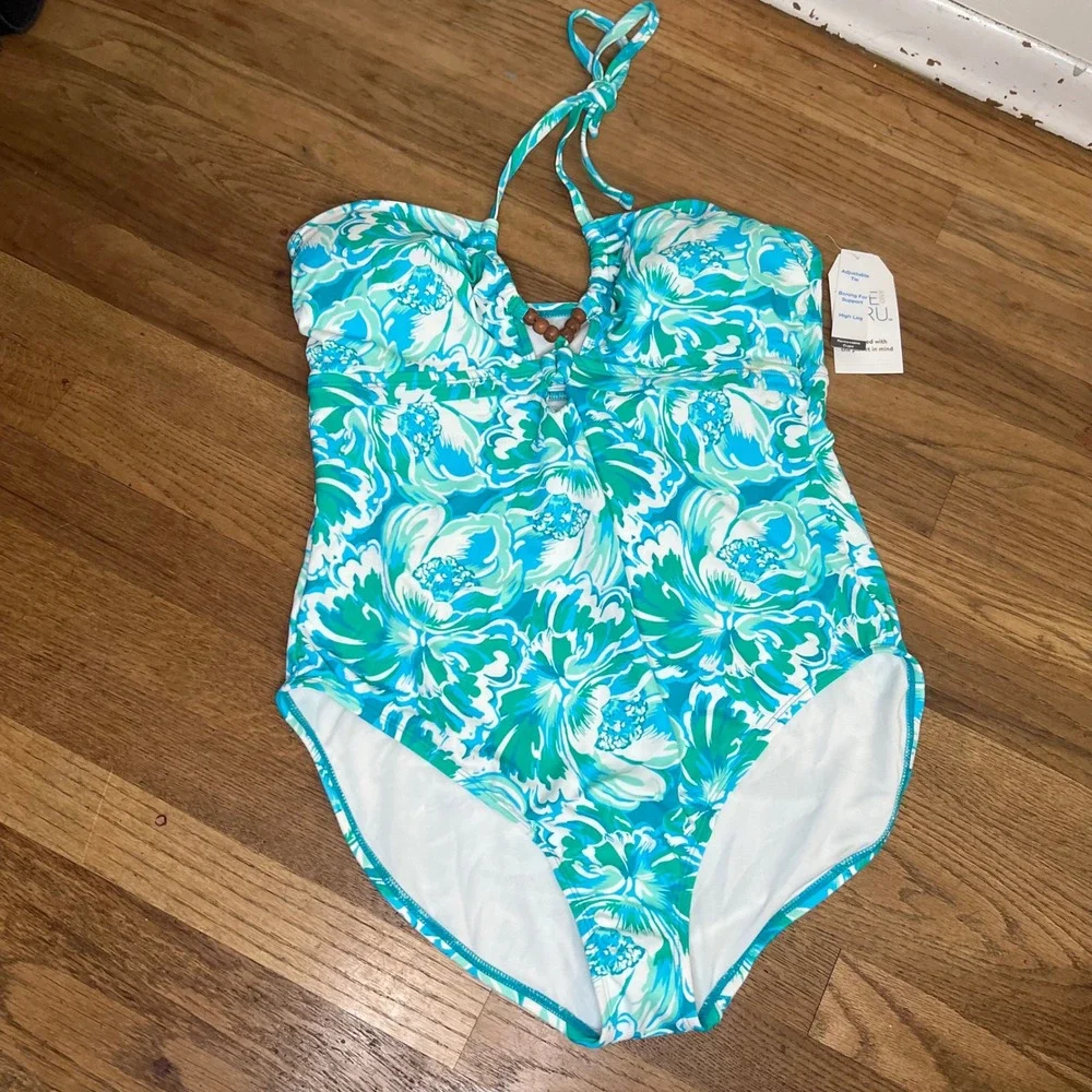Time and Tru Blue Green Floral Halter One Piece Swimsuit XL‎ 16-18